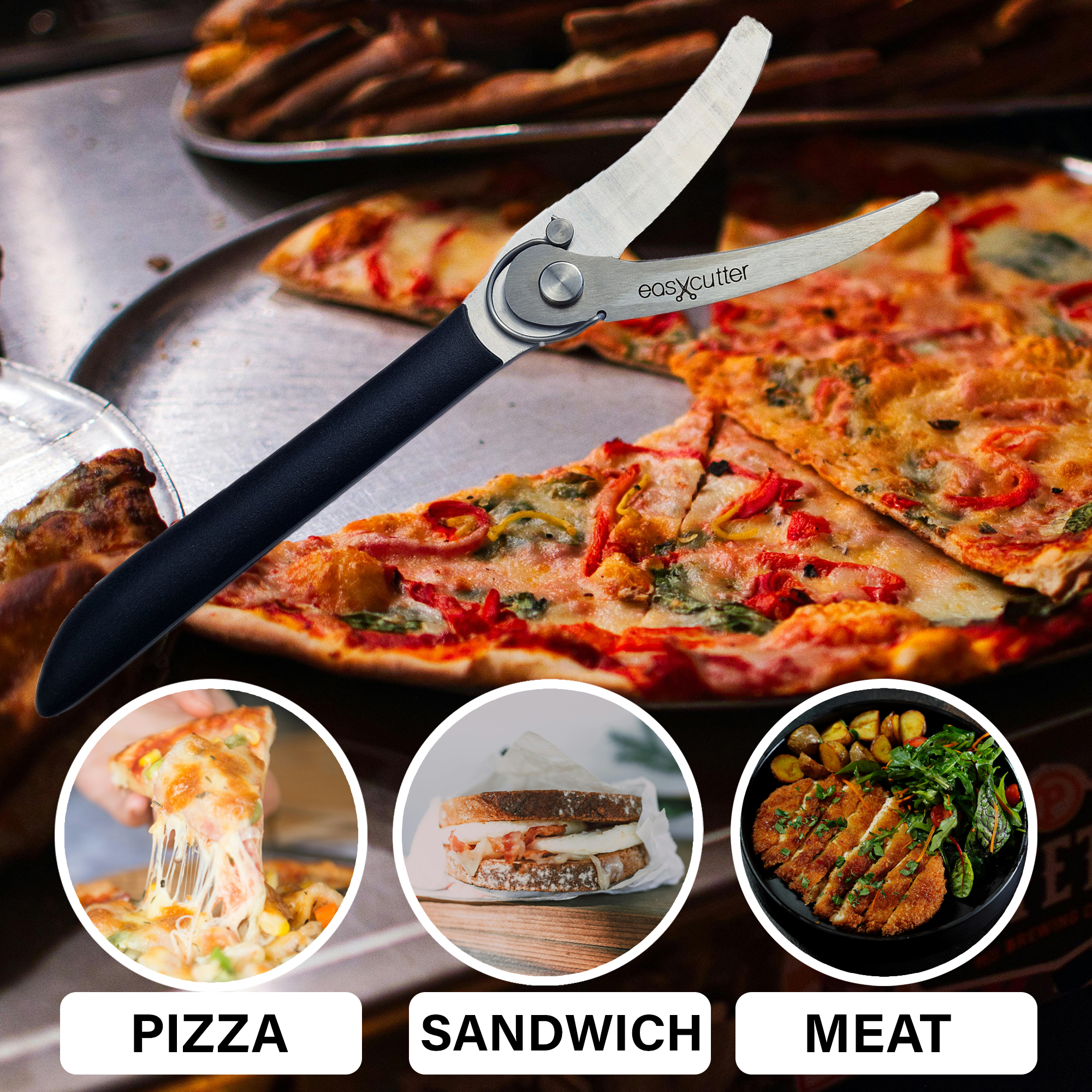 EasyCutter schneidet Pizza, Sandwich und Fleisch